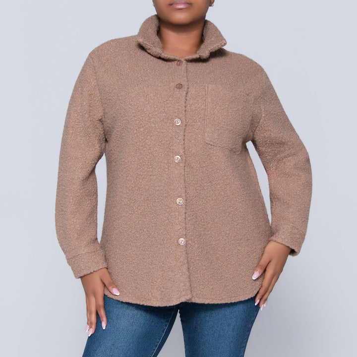 Long Sleeve Camel Boucle Button Down Top