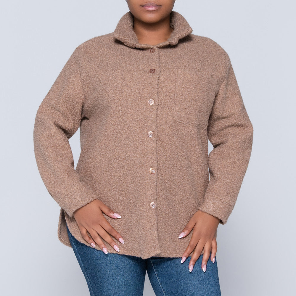 Long Sleeve Camel Boucle Button Down Top