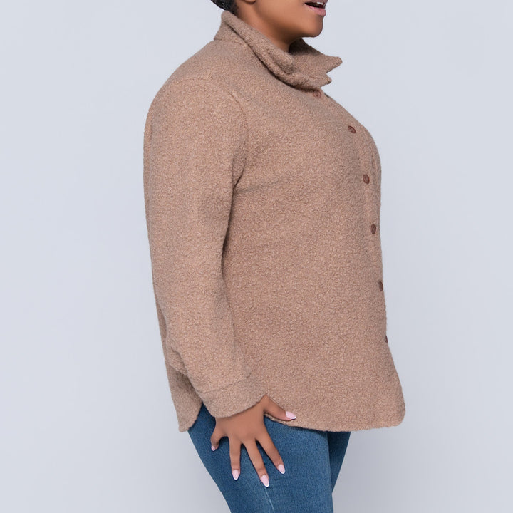 Long Sleeve Camel Boucle Button Down Top