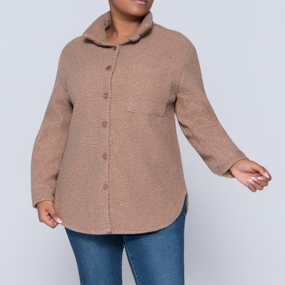 Long Sleeve Camel Boucle Button Down Top