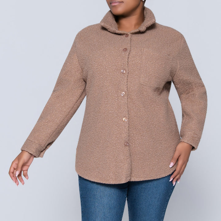 Long Sleeve Camel Boucle Button Down Top