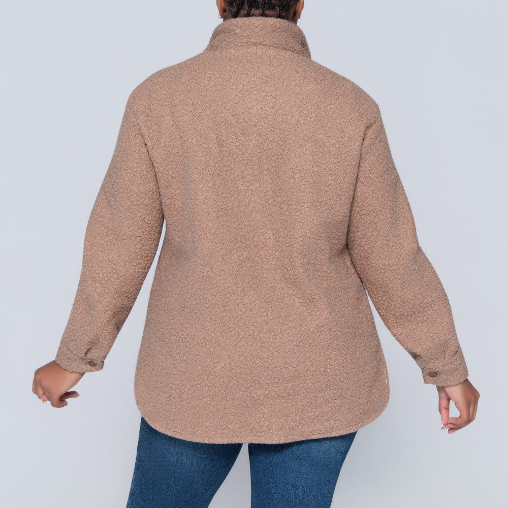 Long Sleeve Camel Boucle Button Down Top