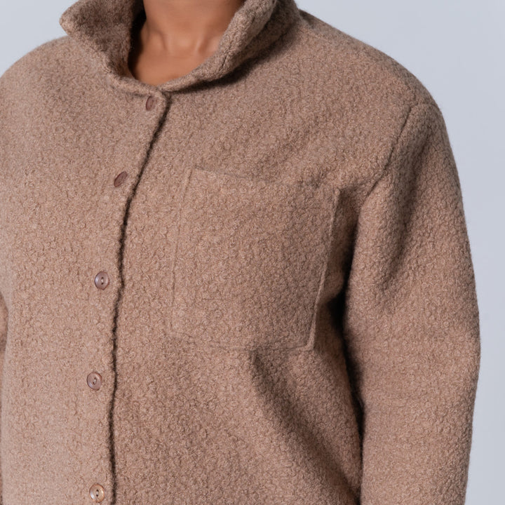 Long Sleeve Camel Boucle Button Down Top