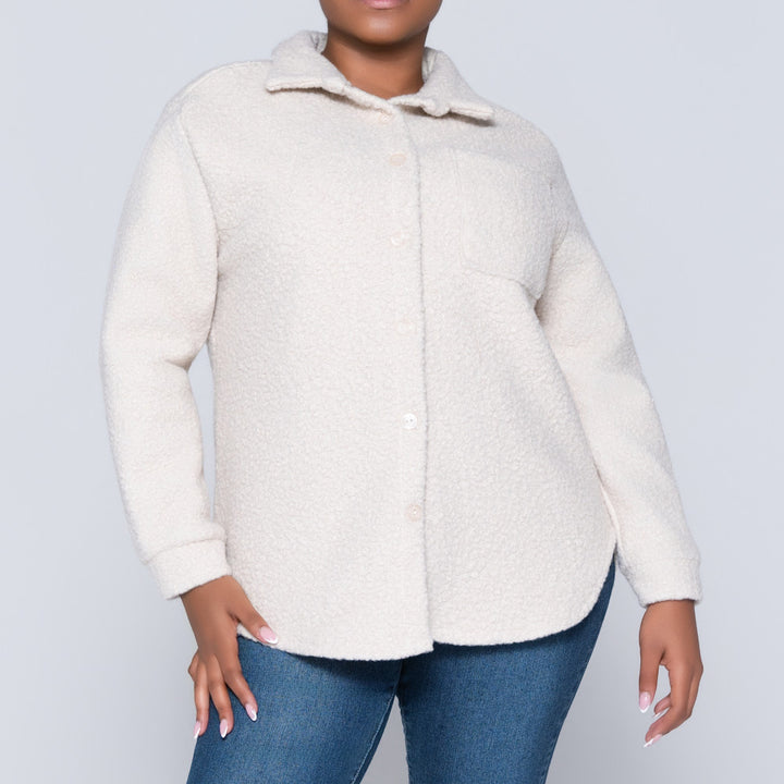 Long Sleeve Oatmeal Boucle Button Down Top