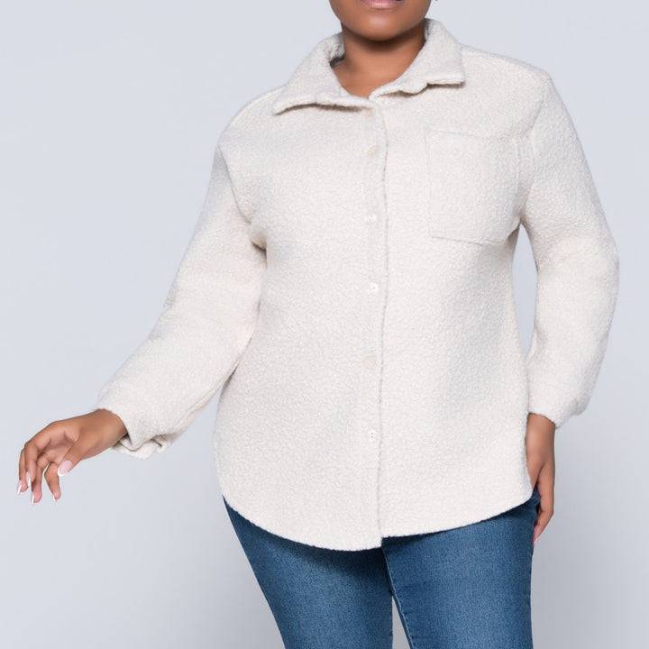Long Sleeve Oatmeal Boucle Button Down Top