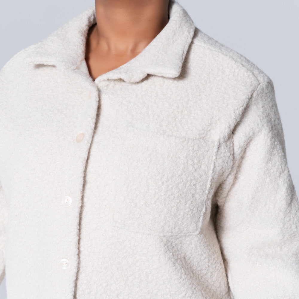 Long Sleeve Oatmeal Boucle Button Down Top