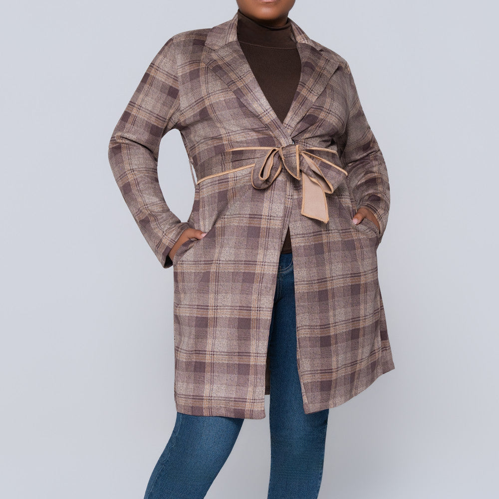 Long Sleeve Suede Scuba Camel Check Print Jacket