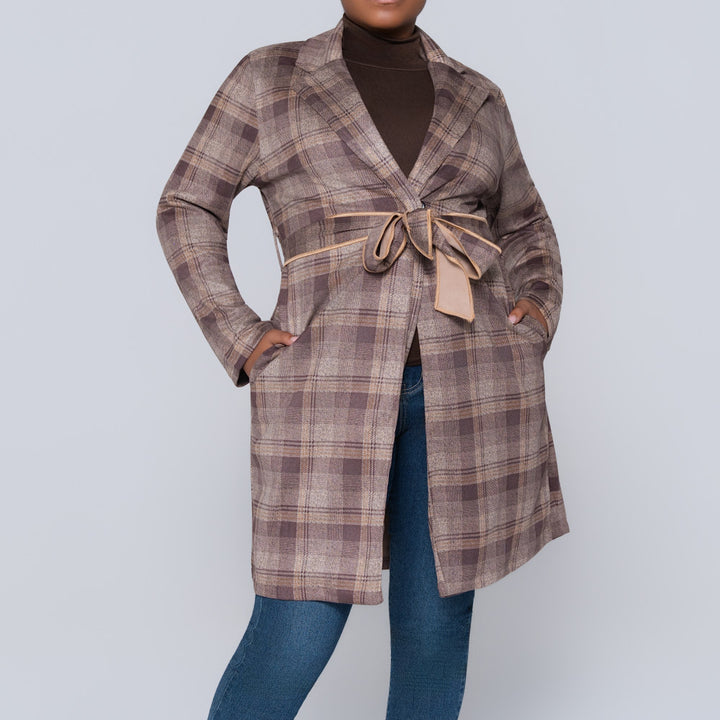 Long Sleeve Suede Scuba Camel Check Print Jacket