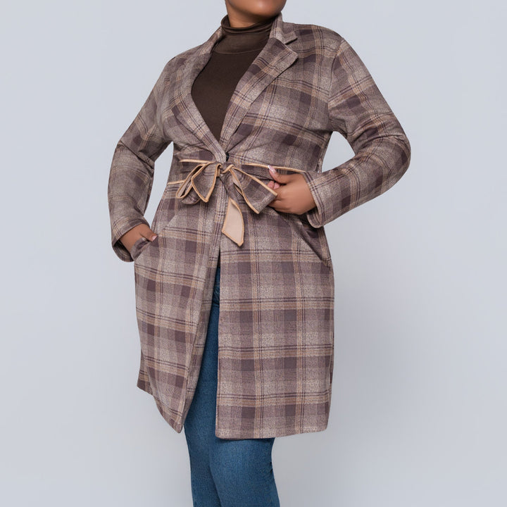 Long Sleeve Suede Scuba Camel Check Print Jacket