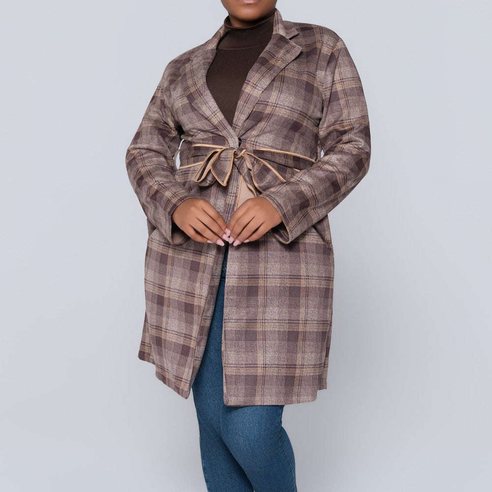 Long Sleeve Suede Scuba Camel Check Print Jacket
