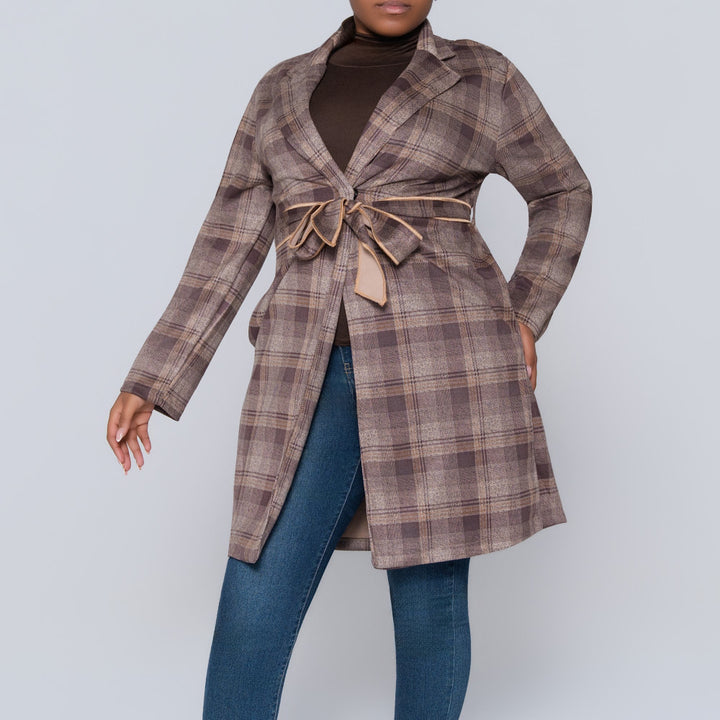 Long Sleeve Suede Scuba Camel Check Print Jacket