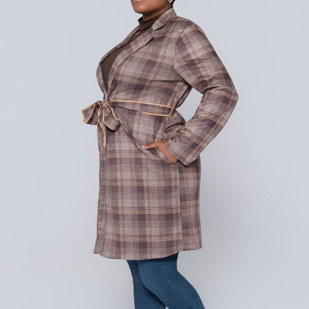 Long Sleeve Suede Scuba Camel Check Print Jacket