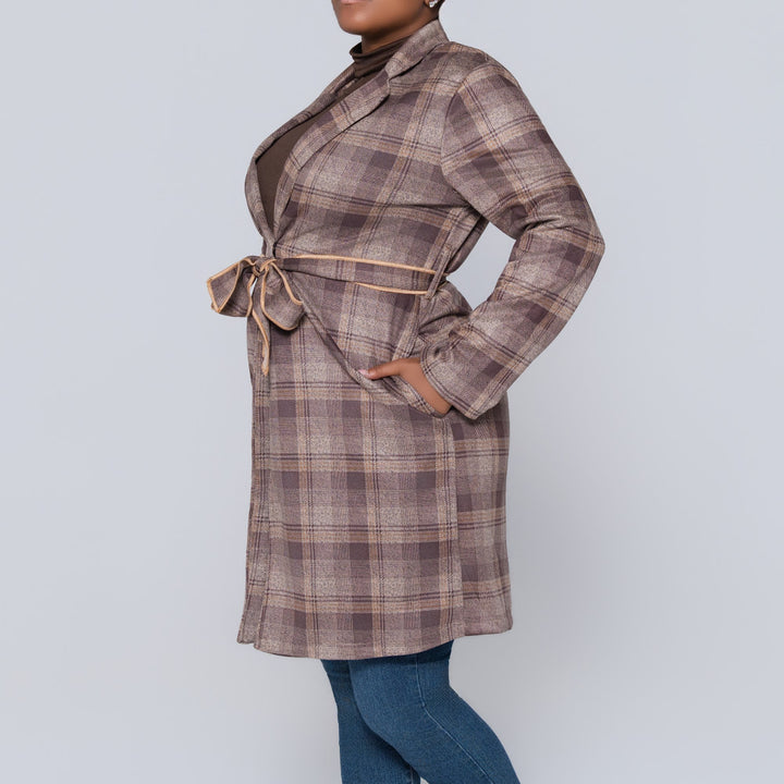 Long Sleeve Suede Scuba Camel Check Print Jacket