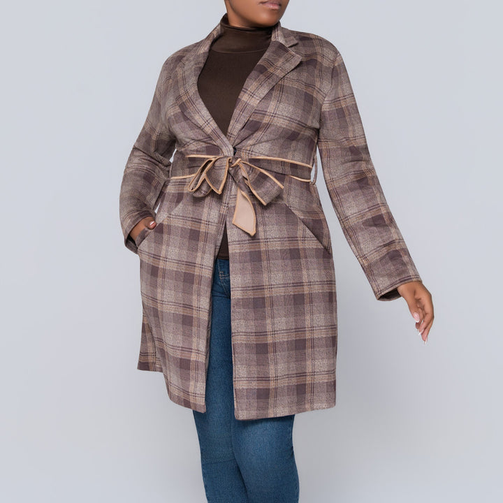 Long Sleeve Suede Scuba Camel Check Print Jacket
