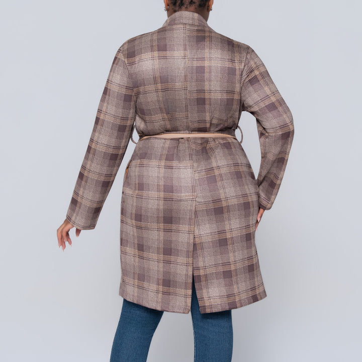 Long Sleeve Suede Scuba Camel Check Print Jacket