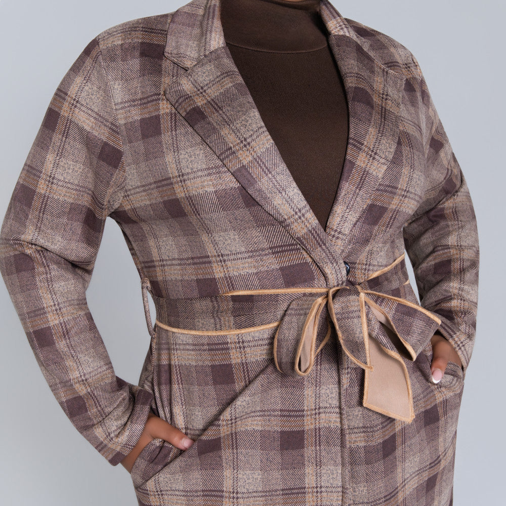 Long Sleeve Suede Scuba Camel Check Print Jacket