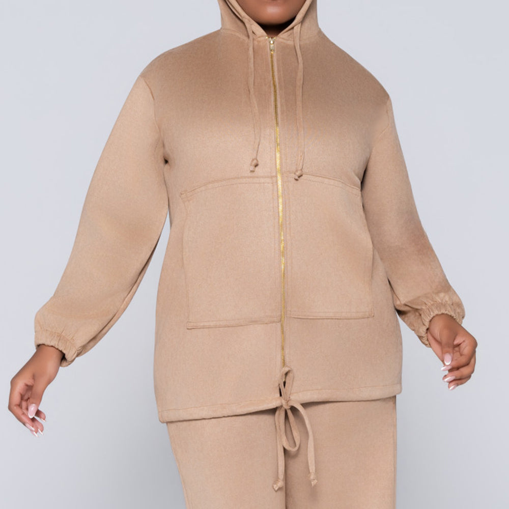 Stone Suede Hooded Zipper Top