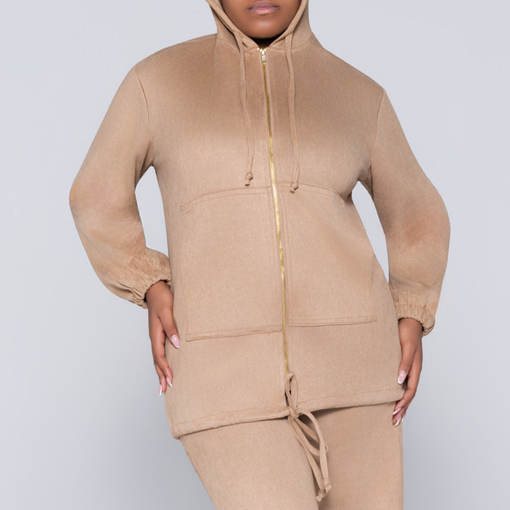 Stone Suede Hooded Zipper Top