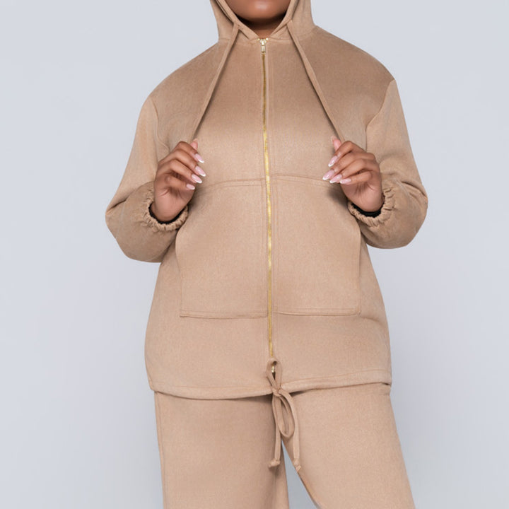 Stone Suede Hooded Zipper Top
