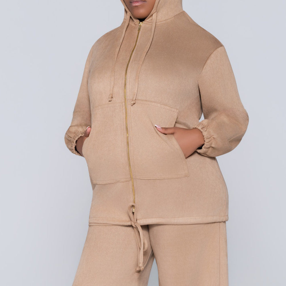 Stone Suede Hooded Zipper Top