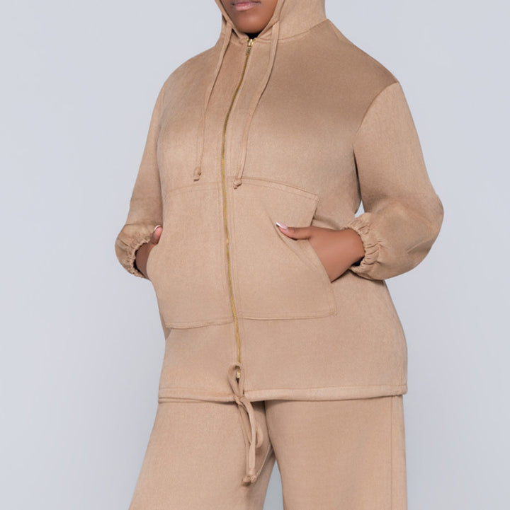 Stone Suede Hooded Zipper Top
