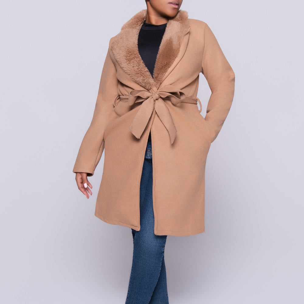 Camel Melton Fur Contrast Jacket