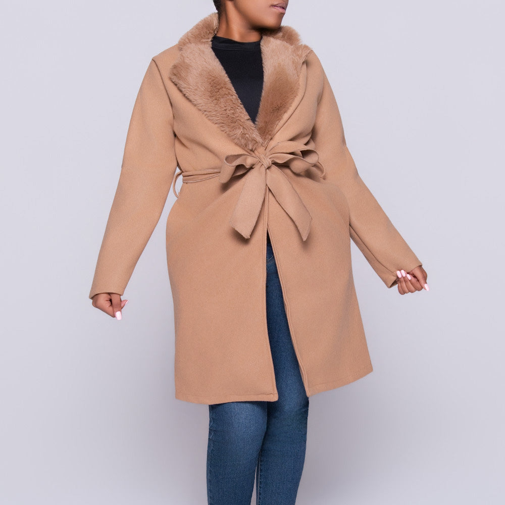 Camel Melton Fur Contrast Jacket