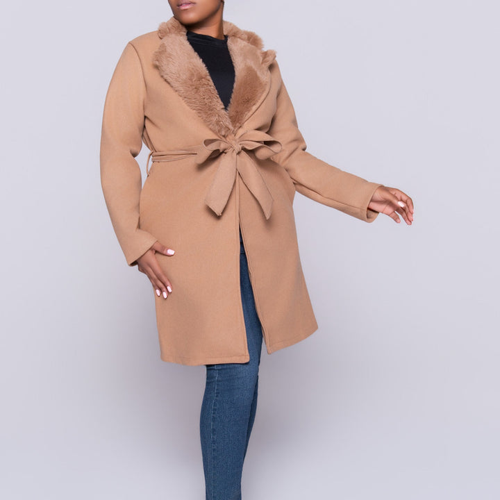 Camel Melton Fur Contrast Jacket