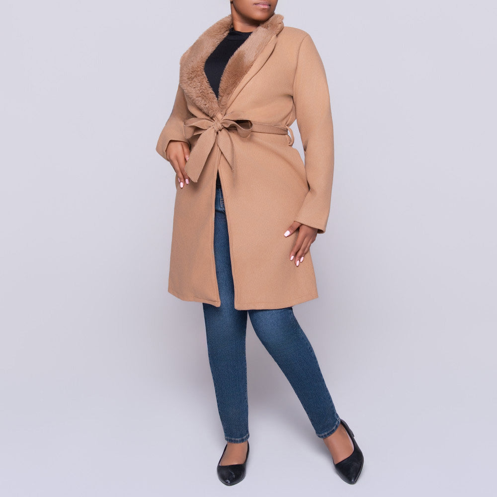 Camel Melton Fur Contrast Jacket