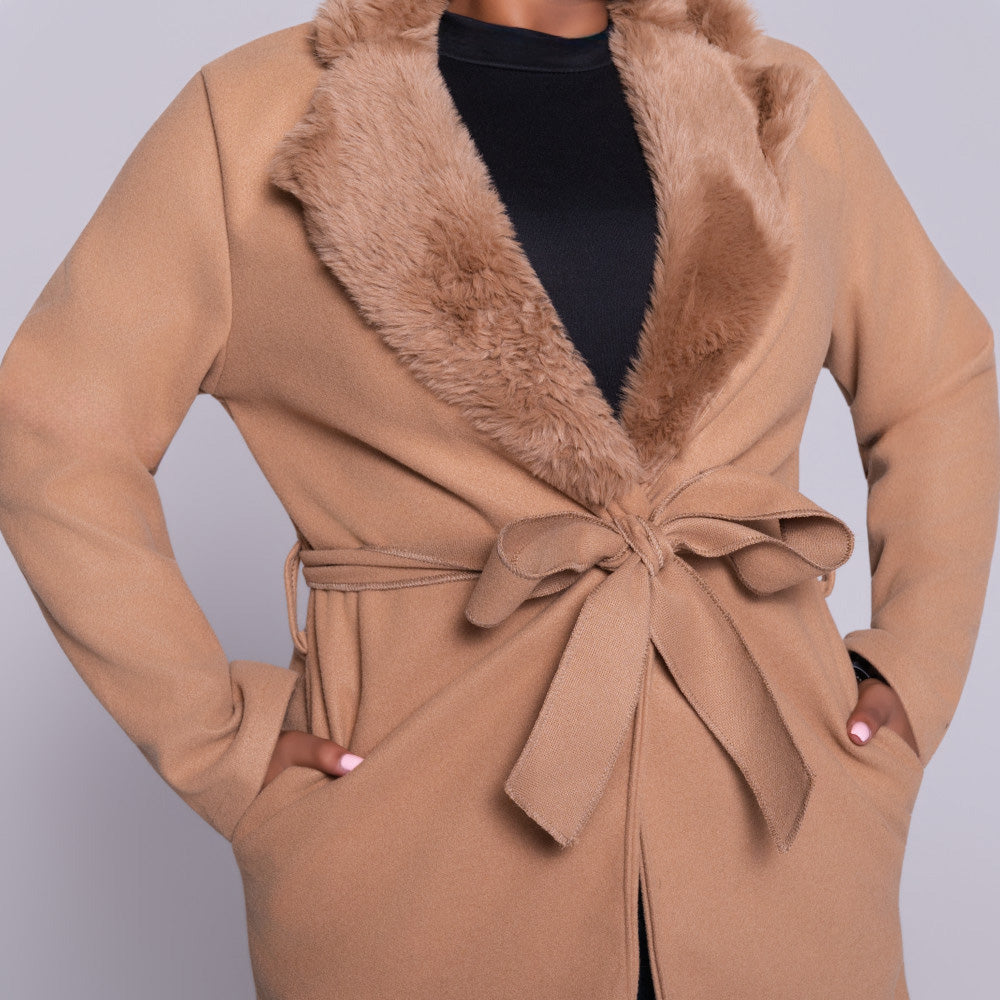 Camel Melton Fur Contrast Jacket