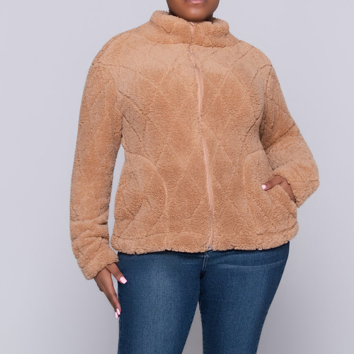 Camel Poly Fur Diamond Jacquard Zip Jacket