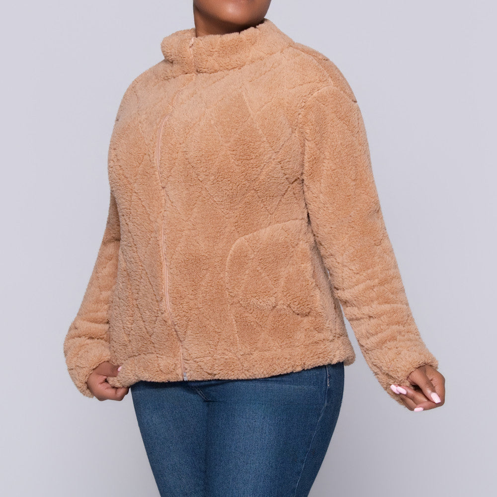 Camel Poly Fur Diamond Jacquard Zip Jacket
