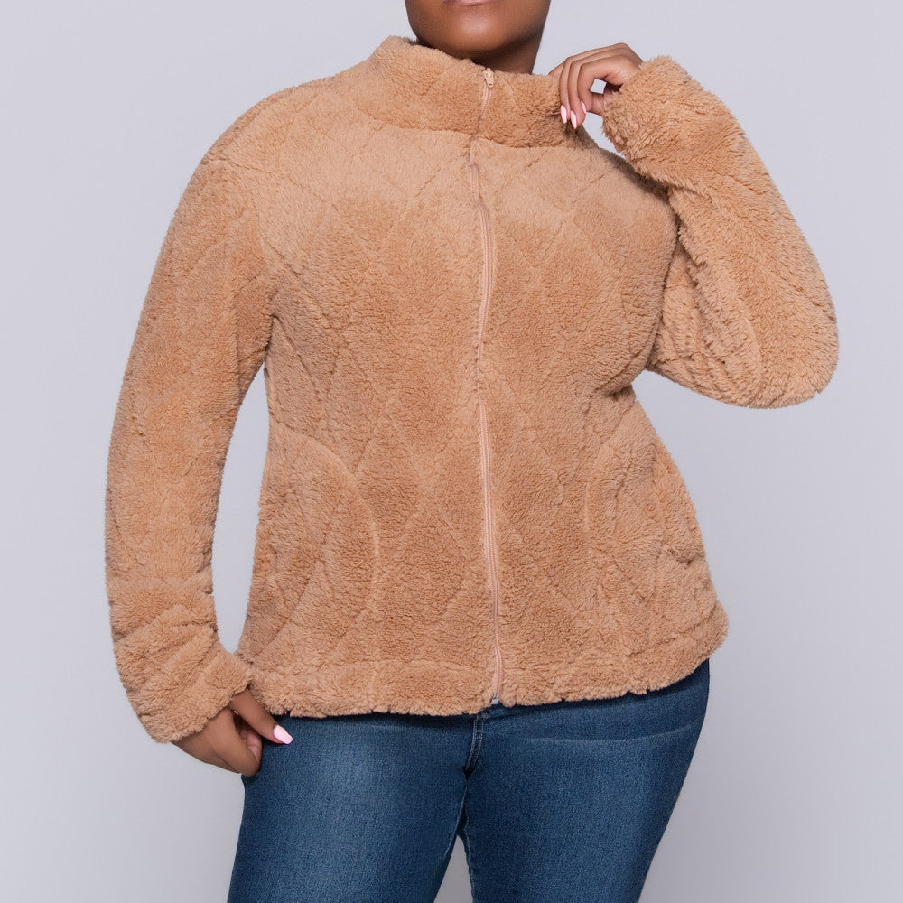 Camel Poly Fur Diamond Jacquard Zip Jacket