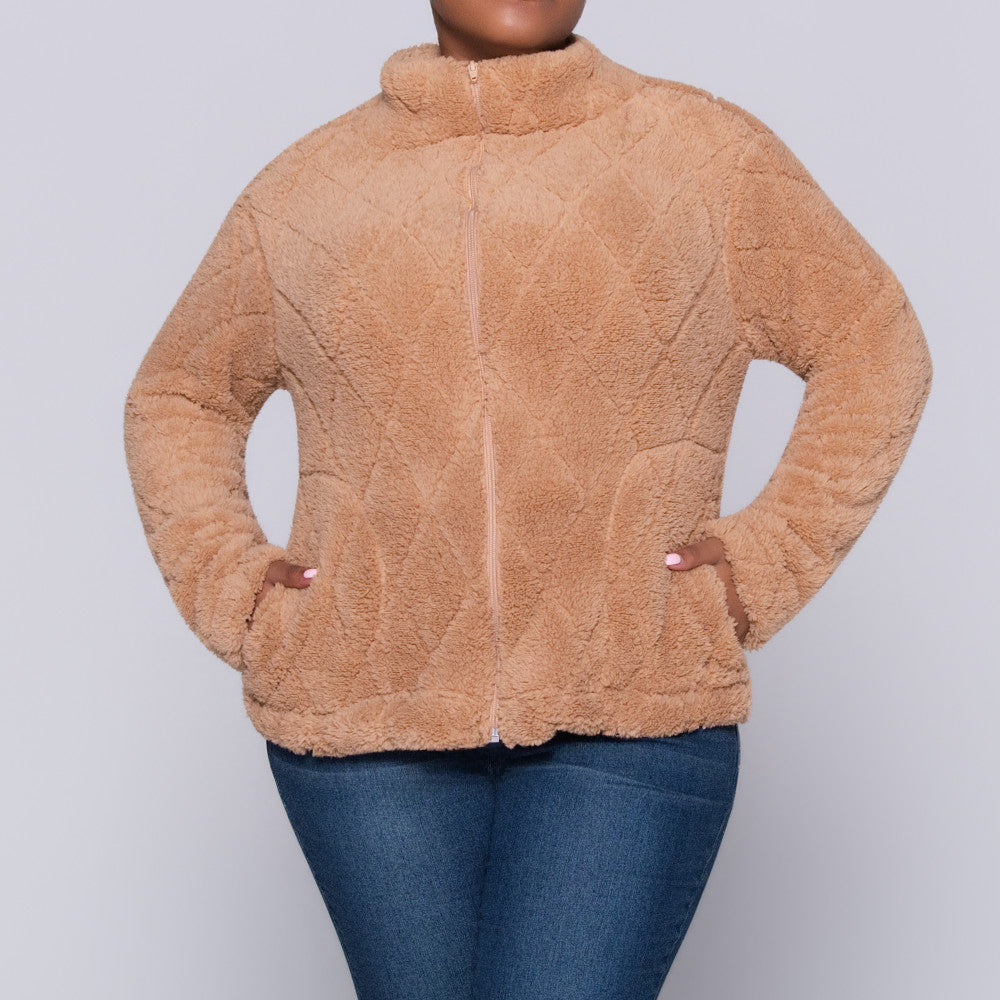 Camel Poly Fur Diamond Jacquard Zip Jacket