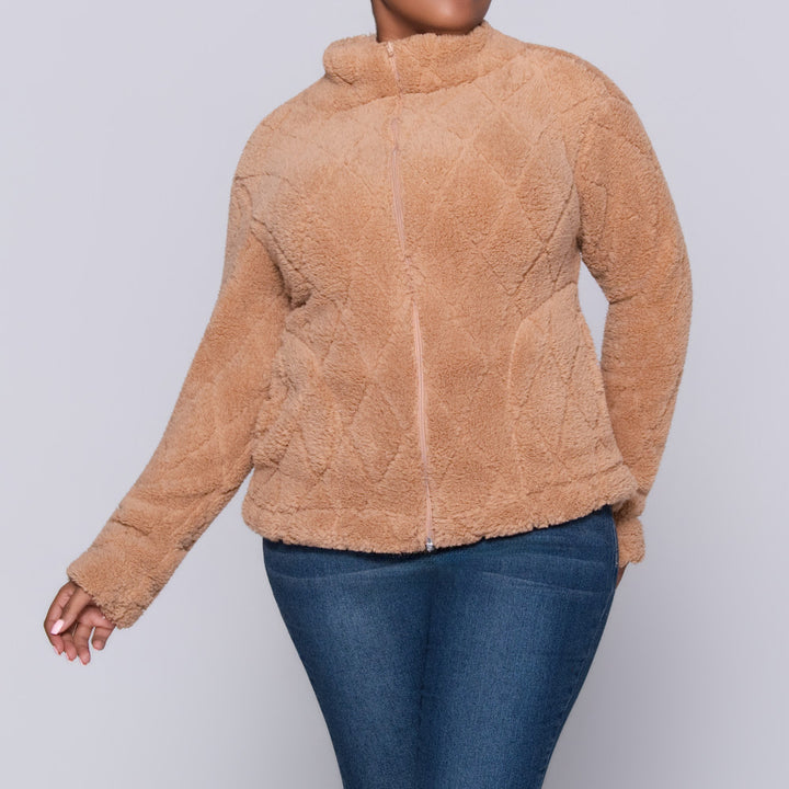 Camel Poly Fur Diamond Jacquard Zip Jacket