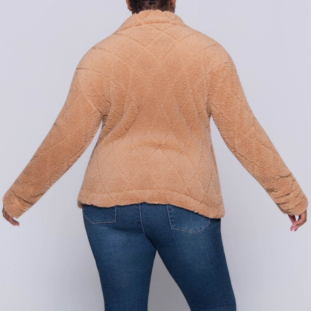 Camel Poly Fur Diamond Jacquard Zip Jacket