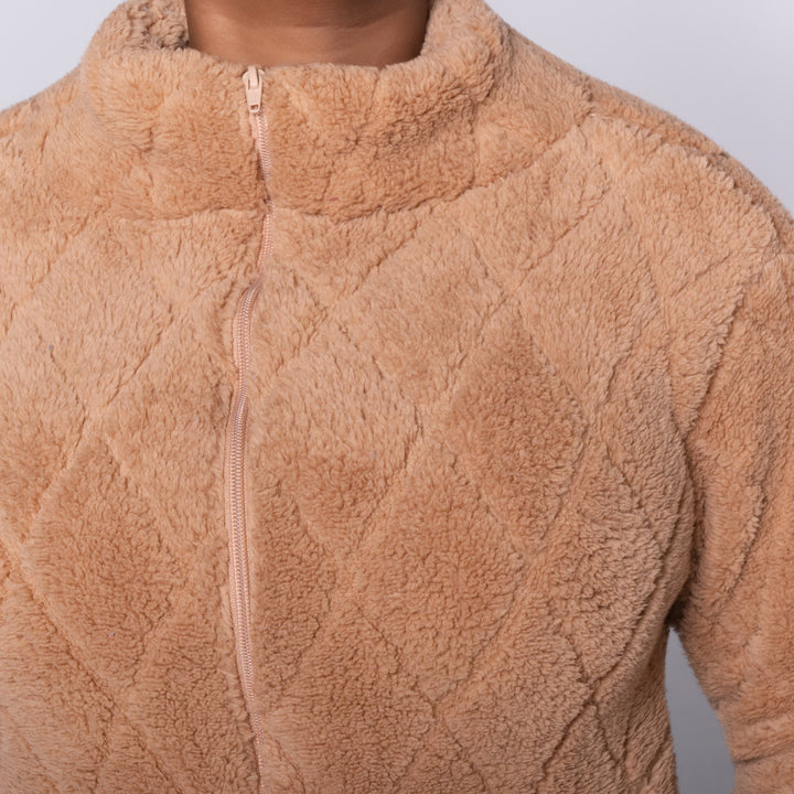 Camel Poly Fur Diamond Jacquard Zip Jacket