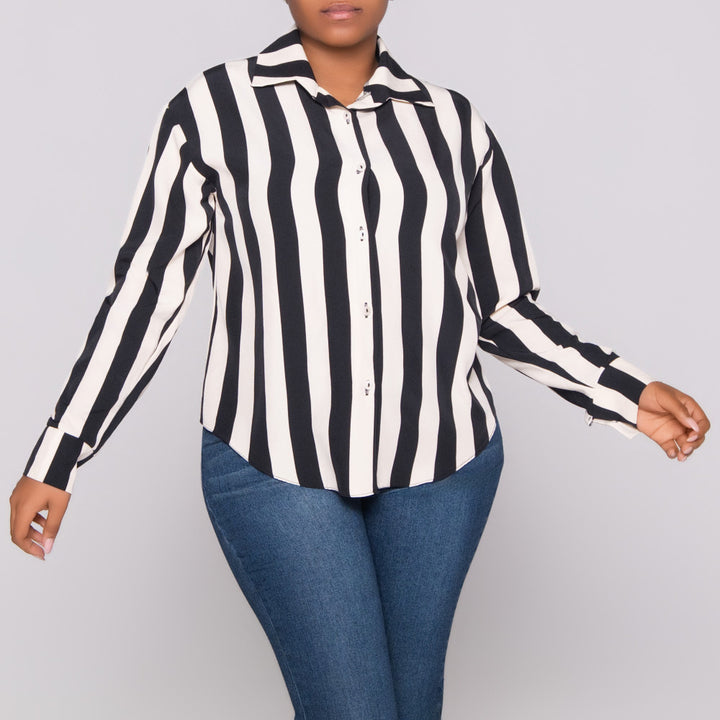 Black/Stone Striped Long Sleeve Polyspan Blouse