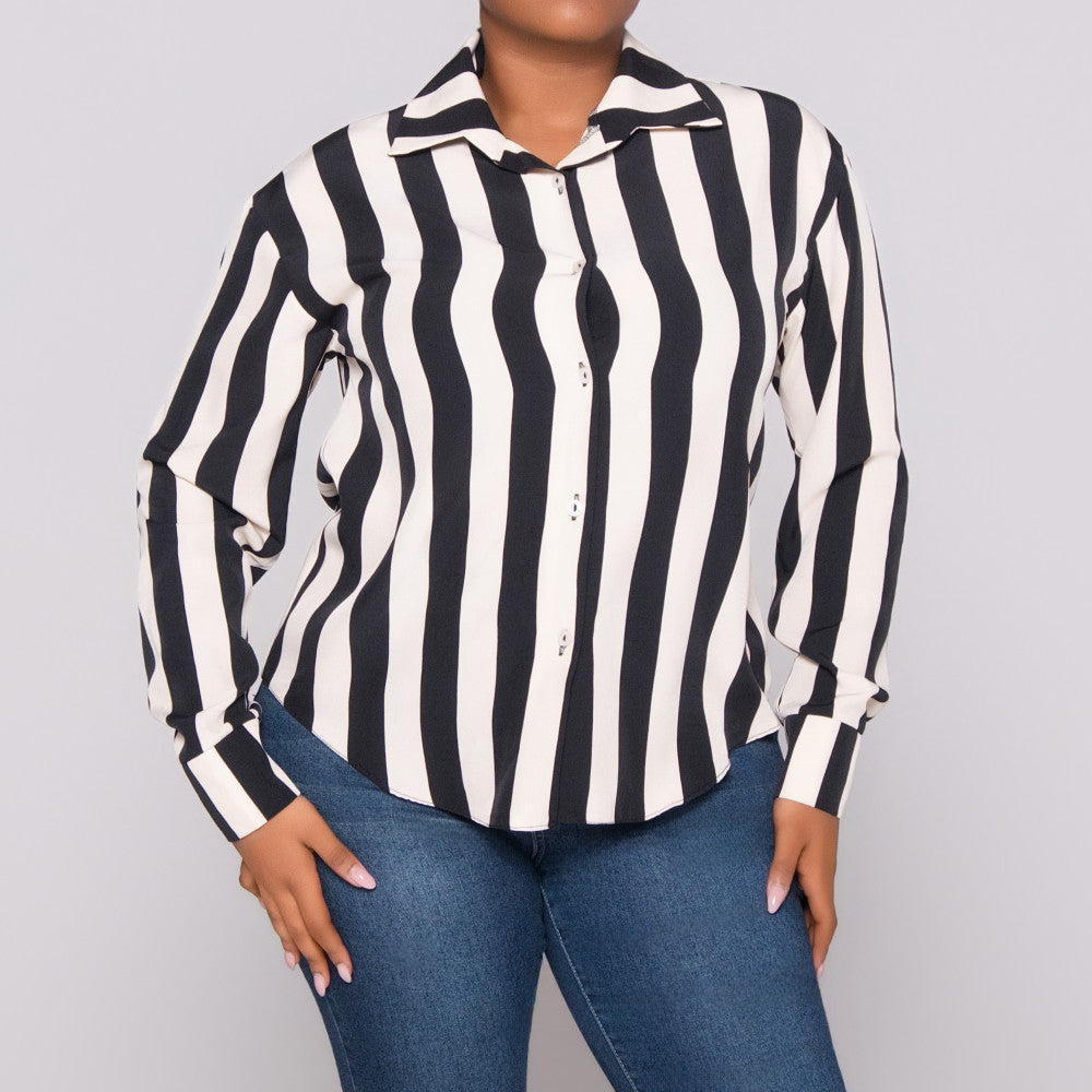 Black/Stone Striped Long Sleeve Polyspan Blouse