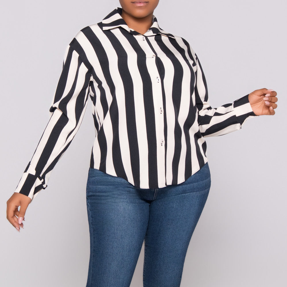Black/Stone Striped Long Sleeve Polyspan Blouse
