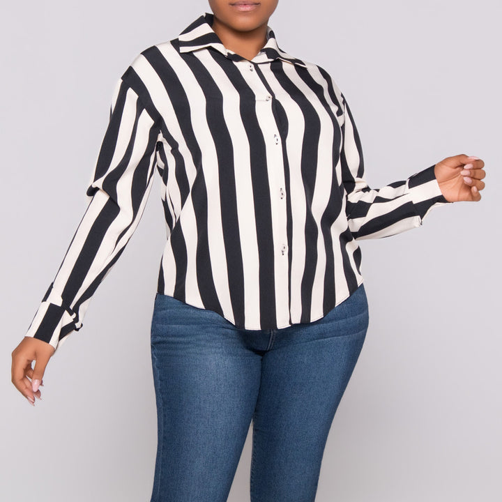 Black/Stone Striped Long Sleeve Polyspan Blouse