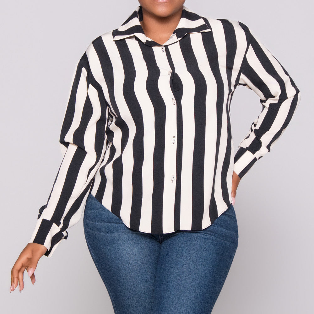 Black/Stone Striped Long Sleeve Polyspan Blouse