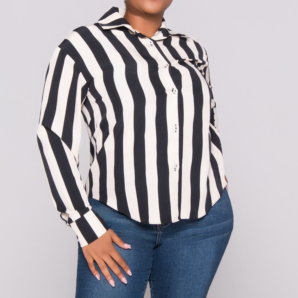 Black/Stone Striped Long Sleeve Polyspan Blouse