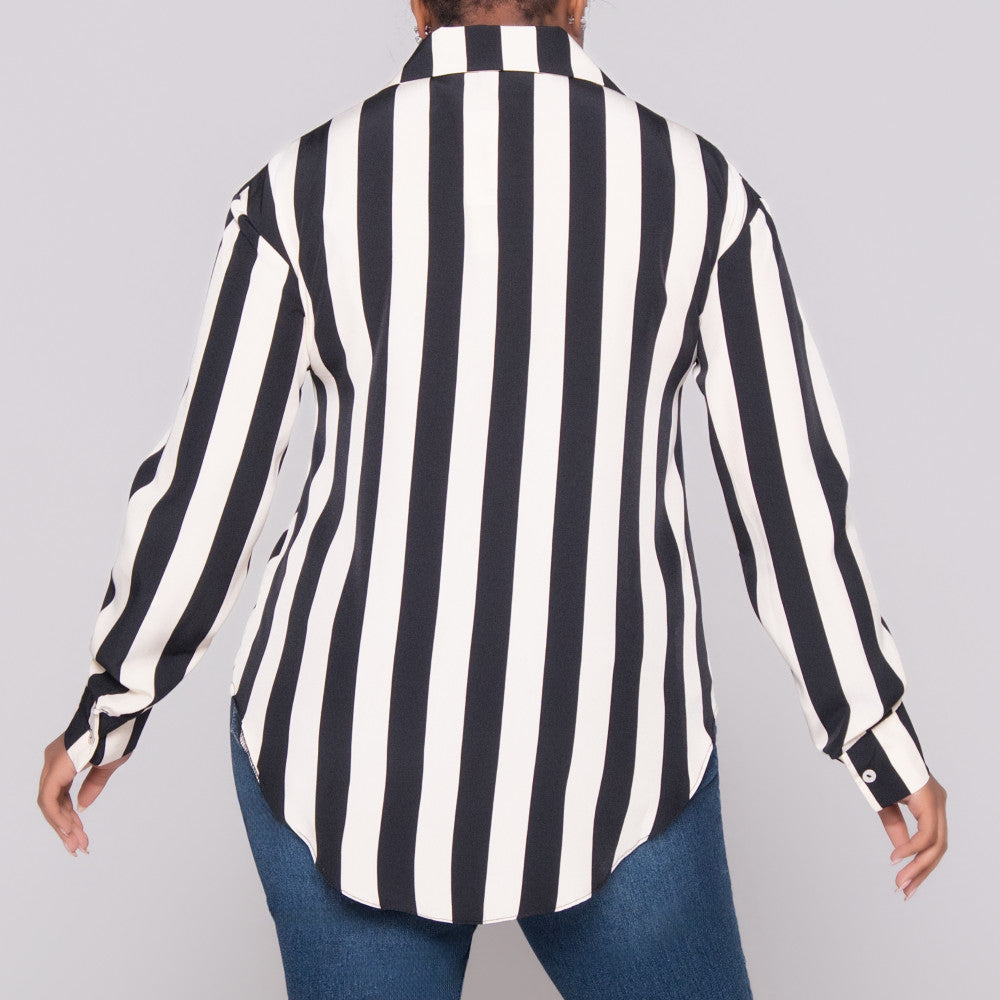 Black/Stone Striped Long Sleeve Polyspan Blouse
