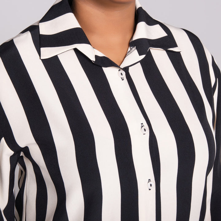Black/Stone Striped Long Sleeve Polyspan Blouse
