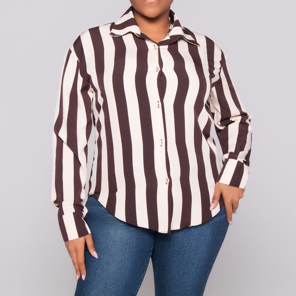 Choc/Stone Striped Long Sleeve Polyspan Blouse
