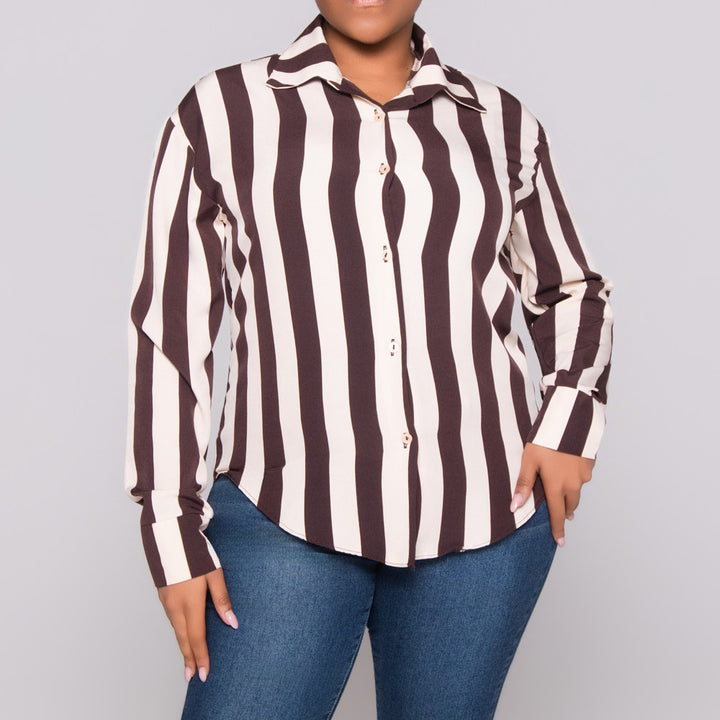 Choc/Stone Striped Long Sleeve Polyspan Blouse