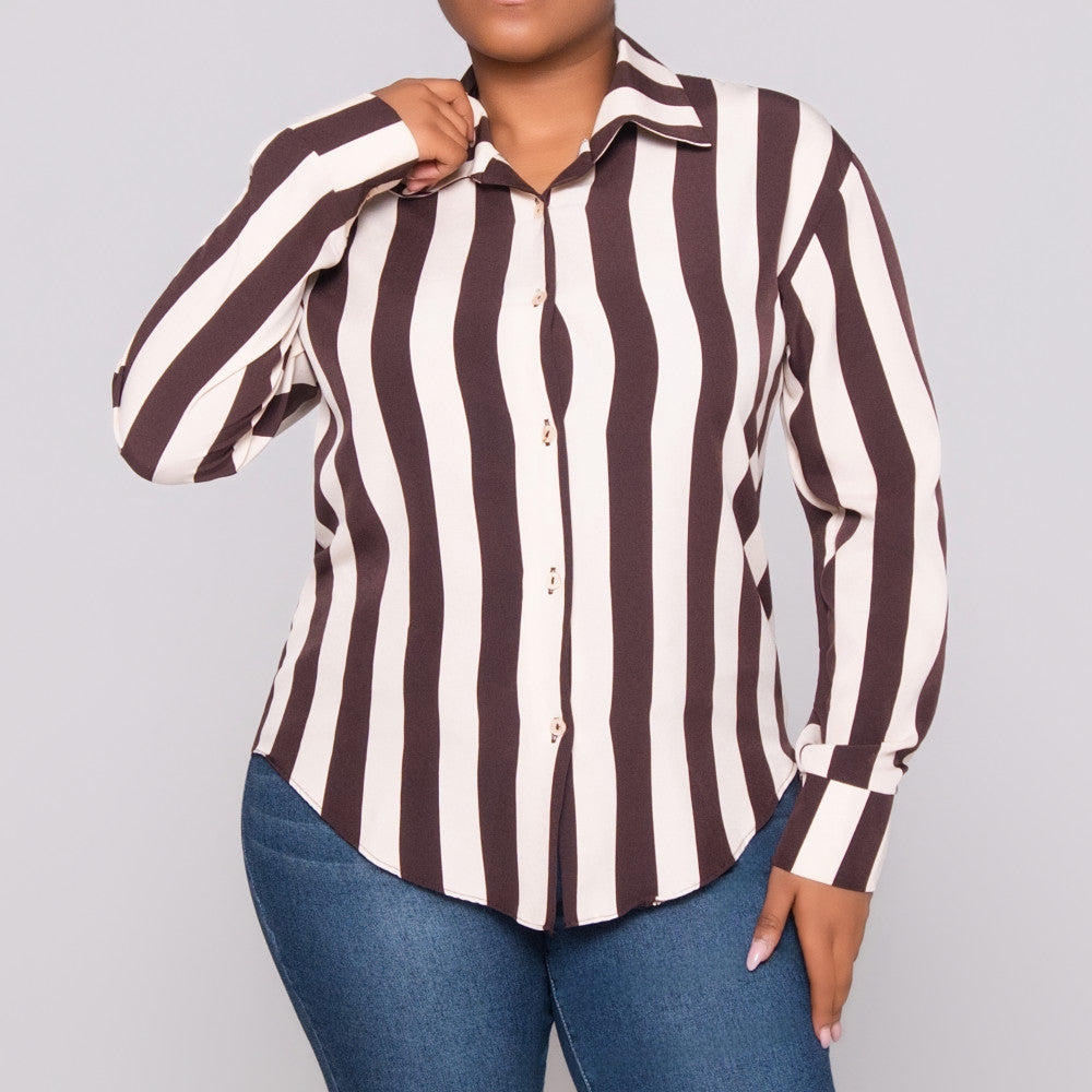 Choc/Stone Striped Long Sleeve Polyspan Blouse