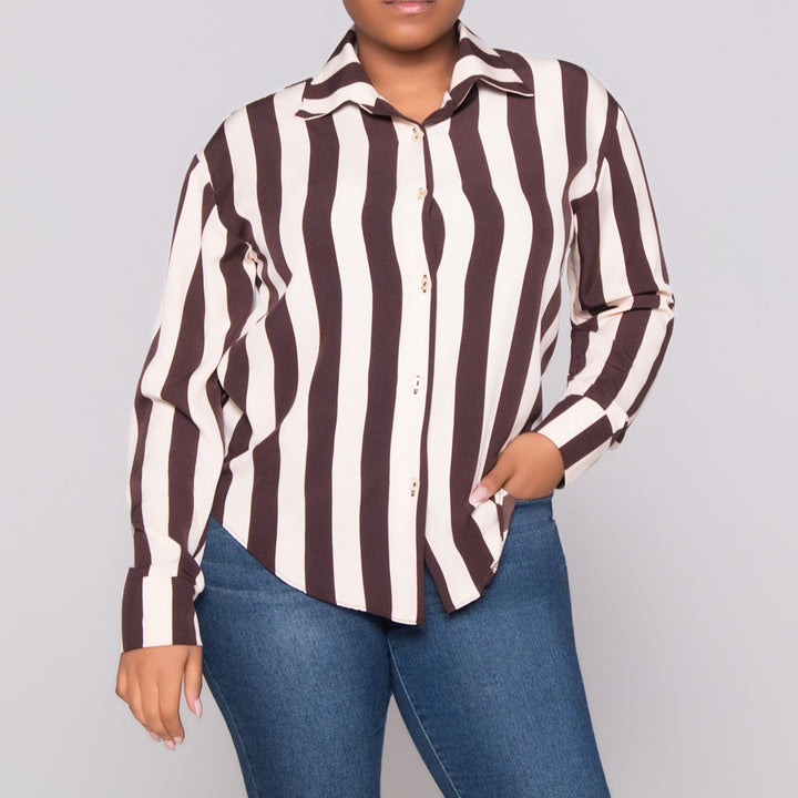 Choc/Stone Striped Long Sleeve Polyspan Blouse