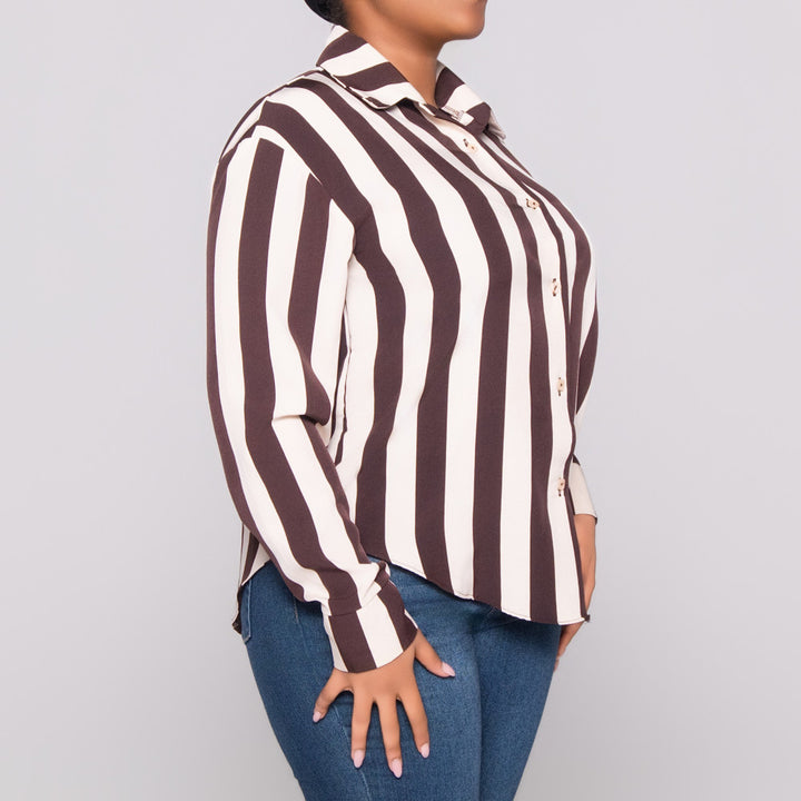 Choc/Stone Striped Long Sleeve Polyspan Blouse